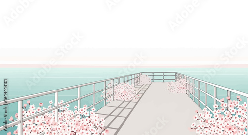 Tranquil Seaside Promenade Adorned With Cherry Blossoms In Gentle Pastel Hues