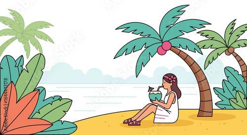 Tropical Beach Getaway: A Woman Enjoying Coconut Drink Under Palm Tree Drawing