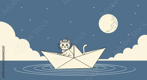 Whimsical illustration of a cat sailing in a paper boat under the moonlight and starlit night sky
