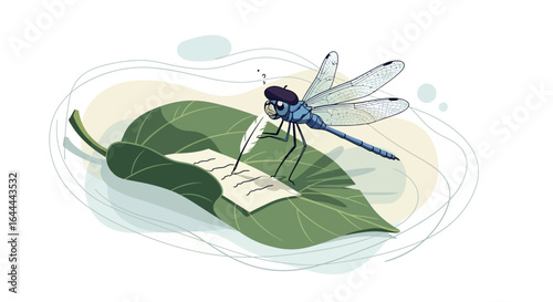 Whimsical illustration of a dragonfly writer composing on a leaf with charm