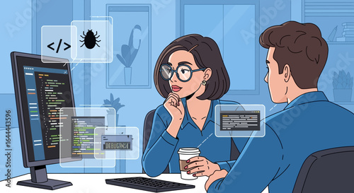 Two developers collaborating on debugging code and software development process in an office setting
