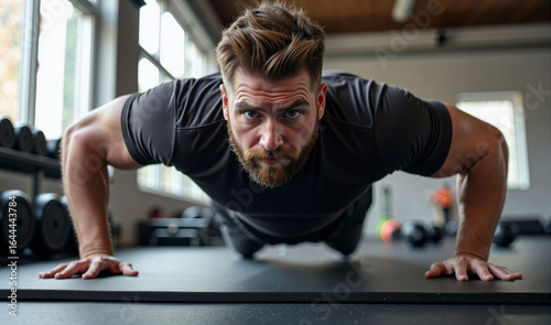 Hombre haciendo flexiones intensas en gimnasio moderno con enfoque en fuerza física y entrenamiento de alta resistencia