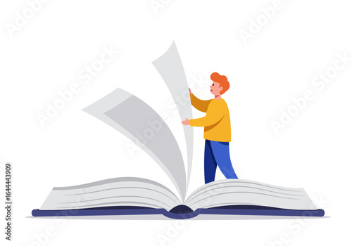 Boy Holding Giant Book Pages Open Wide.