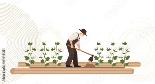 Vector illustration of a farmer working in a cotton field with retro style background design