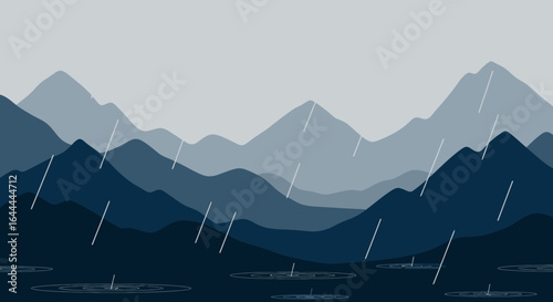 Vector illustration of a mountain landscape in the rain presenting a calming atmosphere with its deep blue colors and minimalist design