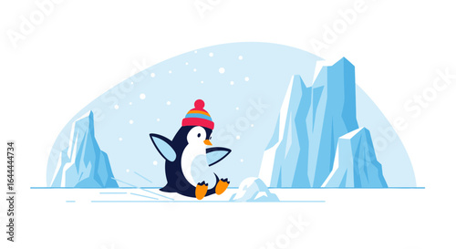 Whimsical Penguin in Winter Wonderland Flat Vector Illustration for Children