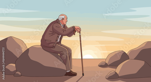 Vector illustration of a senior man sitting on a rock contemplating life at sunset solitude and reflection in retirement and aging