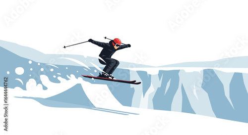 Vector illustration of a skier performing a daring jump on a snowy mountain landscape showcasing winter sports and adrenaline