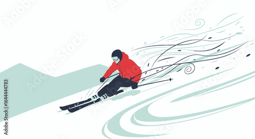 Vector Illustration of a Skier Speeding Down the Snowy Mountain Slope Winter Sport