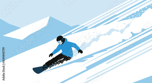 Vector illustration of a snowboarder riding down a snowy mountain slope at high speed showing winter sport
