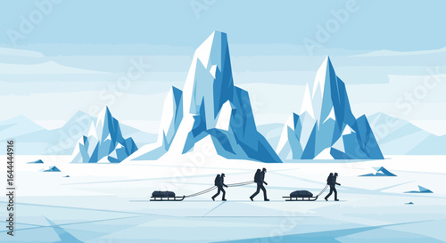 Vector Illustration of Arctic Explorers Trekking Across a Frozen Landscape with Icebergs