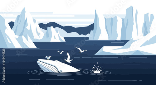 Vector illustration of an Arctic landscape featuring a whale and seagulls amongst icebergs providing a serene representation of marine life