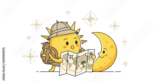 Whimsical sun adventurer and moon companion map reading for exciting travel destinations