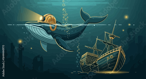 Whimsical undersea adventure featuring a whale diver exploring a sunken ship fantasy