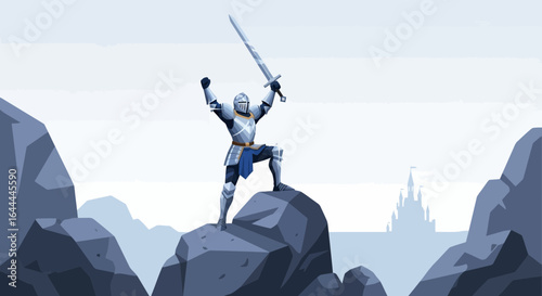 Victorious knight on a mountain peak with sword, a castle visible in distance, representing victory, strength and determination