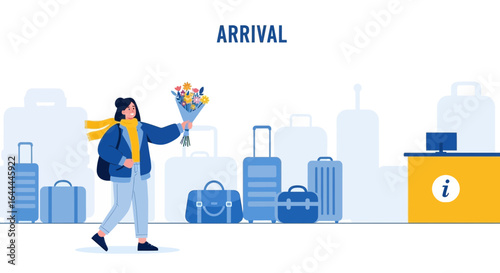 Welcoming homecoming arrival at the airport with flowers after a long trip abroad