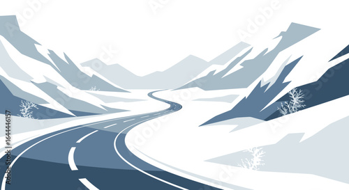 Winter Mountain Landscape With Curvy Road And Snow Covered Peaks Graphic