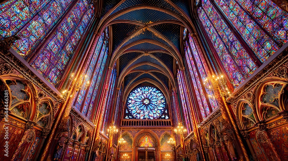 Obraz premium Interior view of a magnificent gothic chapel featuring vibrant stained glass windows.
