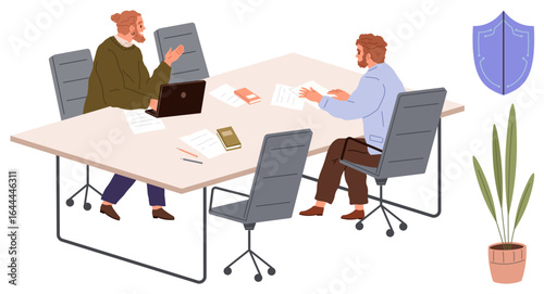 Two professionals sitting at a desk with laptops and papers, engaging in conversation. Potted plant and shield icon in the background. Ideal for teamwork, collaboration, business strategy