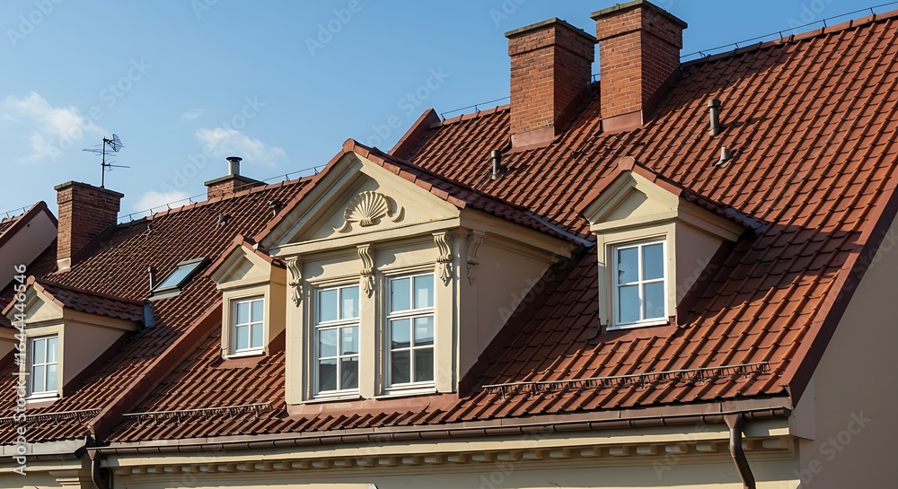 Red tiled roofs with dormer windows and brick chimneys against blue sky Red tiled roofs with dormer windows and brick chimneys against blue sky