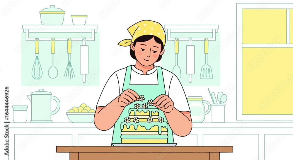 Woman Decorating a Cake with Flowers in a Bright Kitchen Illustration Style Woman Decorating a Cake with Flowers in a Bright Kitchen Illustration Style