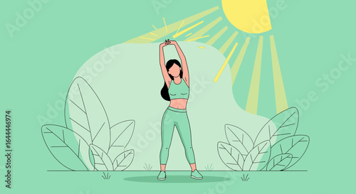 Woman doing stretching exercises in nature with sunlight background for healthy lifestyle and wellness concept illustration