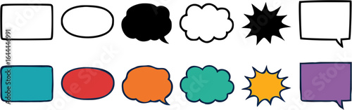Collection of ten speech bubbles and thought balloons in various shapes and colors, arranged in two rows.