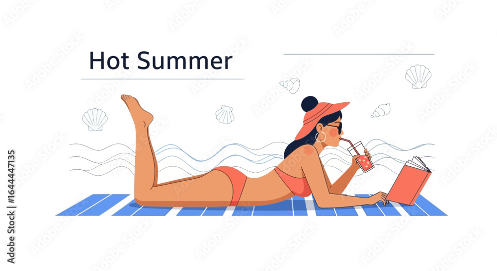 Obraz premium Woman enjoying summer vacation with a refreshing drink and reading book on beach