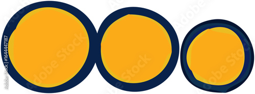 Three circular shapes, decreasing in size, featuring yellow centers and dark blue borders, aligned horizontally.