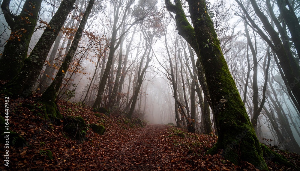 Obraz premium Misty Forest Path Autumn Tranquility.