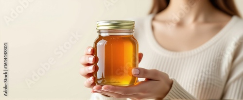 Person holding a jar filled with delicious, golden honey, in a close-up view.