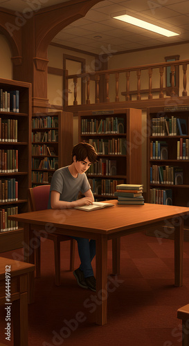 High School Male Student Reading Book in Library — Character Illustration PNG & Background Scene