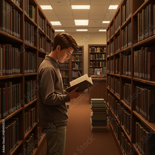 High School Male Student Reading Book in Library — Character Illustration PNG & Background Scene