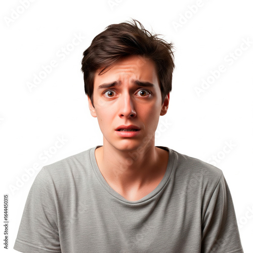 Worried Young Man in Gray T-Shirt on White Background