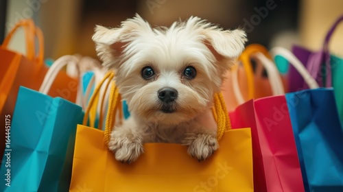 A small dog peeks out from colorful shopping bags, evoking a playful shopping atmosphere.