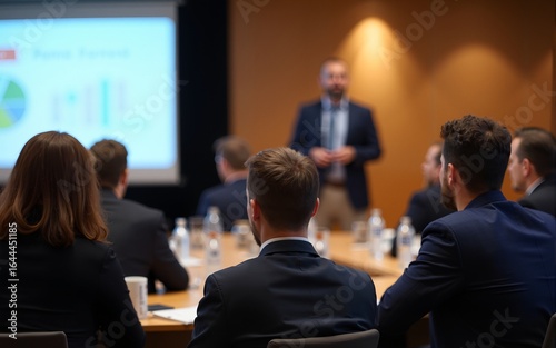 Audience Listens to Lecturer at a Conference Meeting Seminar Training. Group of People Hear Presenter Give Speech . Corporate Manager Speaker Gives Business Technology and Economic Forecast.