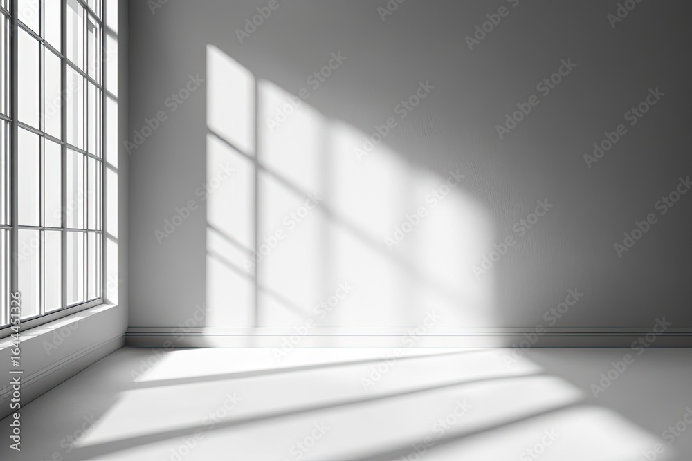 Fototapeta premium Empty Minimalist Interior Space With Sunlight And Geometric Shadows From Large Window On White Wall