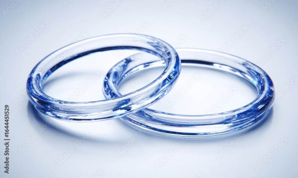 Fototapeta premium Two translucent blue rings, slightly overlapping, on a light blue background