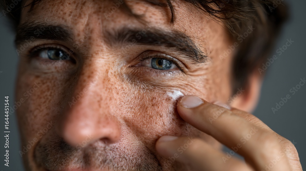 Obraz premium Man Applying Cream Near Eye Skincare Routine Closeup.