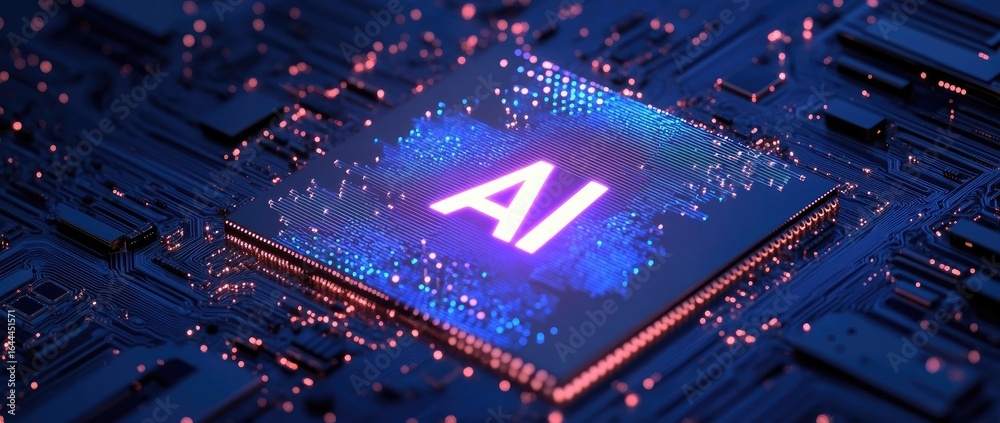 Fototapeta premium Glowing AI Microchip on Circuit Board