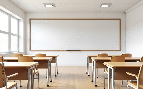 Empty classroom or presentation room interior with desks, chairs and whiteboard, 3d rendering. High quality