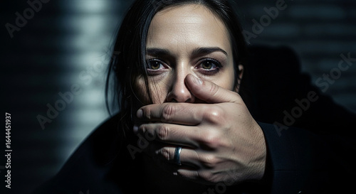 Close up of a woman with tears in her eyes and a hand covering her mouth in a dark setting