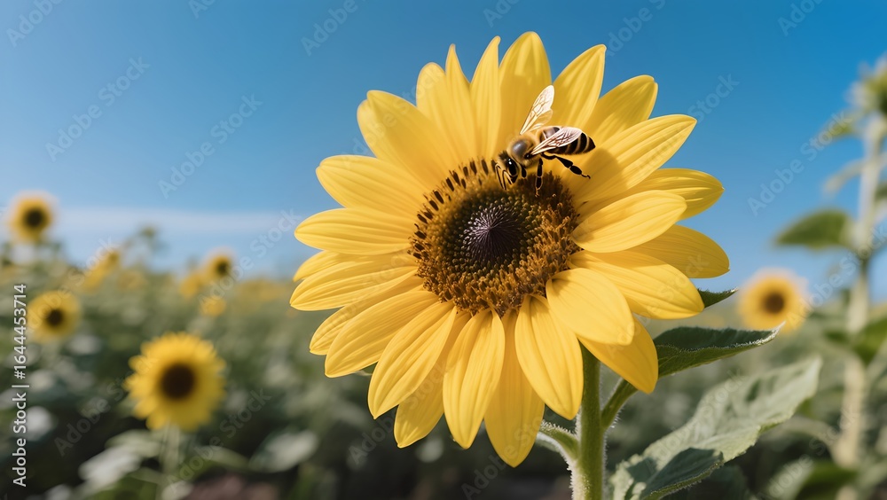 Fototapeta premium Close-Up of Bee Pollinating Sunflower in Bloom Under Clear Blue Sky