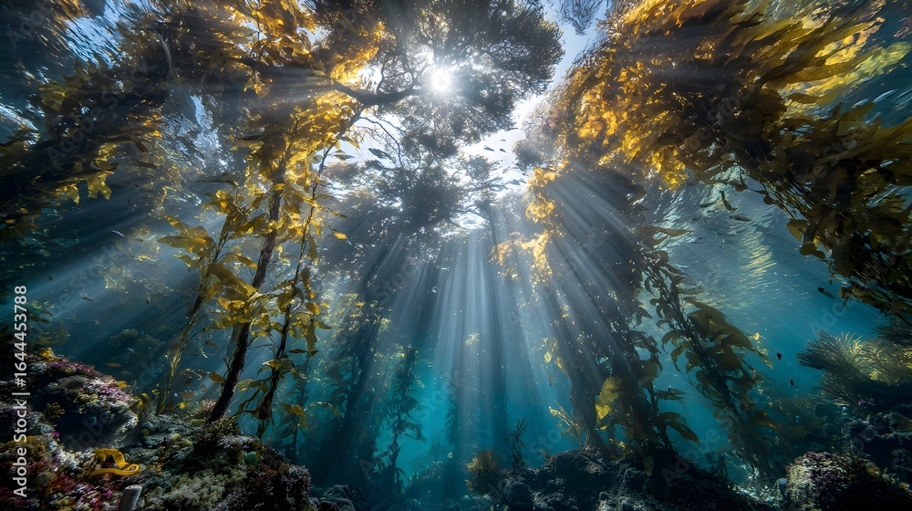 Fototapeta premium Sunlight streams through kelp forest underwater.