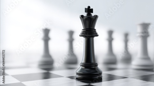Black King on Chessboard with Blurred White Pieces