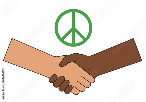 Interracial Handshake with Peace Symbol Above.