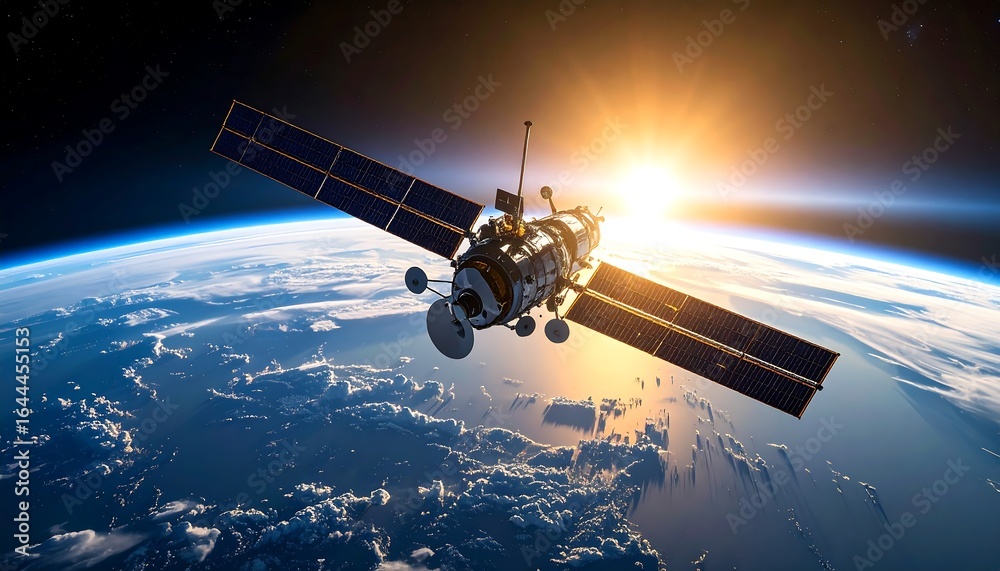 Obraz premium Satellite Orbiting Earth with Solar Panels and Sun Glare, Clouds and Blue Atmosphere