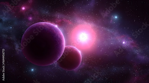 Two vibrant purple planets orbit a luminous star in a cosmic expanse.