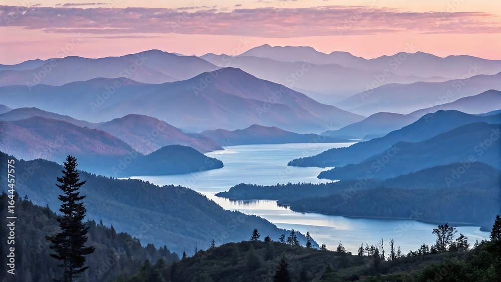 Obraz premium Layered mountains and tranquil lake at dawn clouds