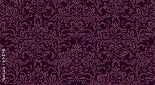 Luxurious dark purple damask pattern with elegant floral swirls and ornamental details.